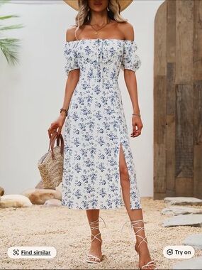 Blue Floral Puff-Sleeve Midi Dress - Women's